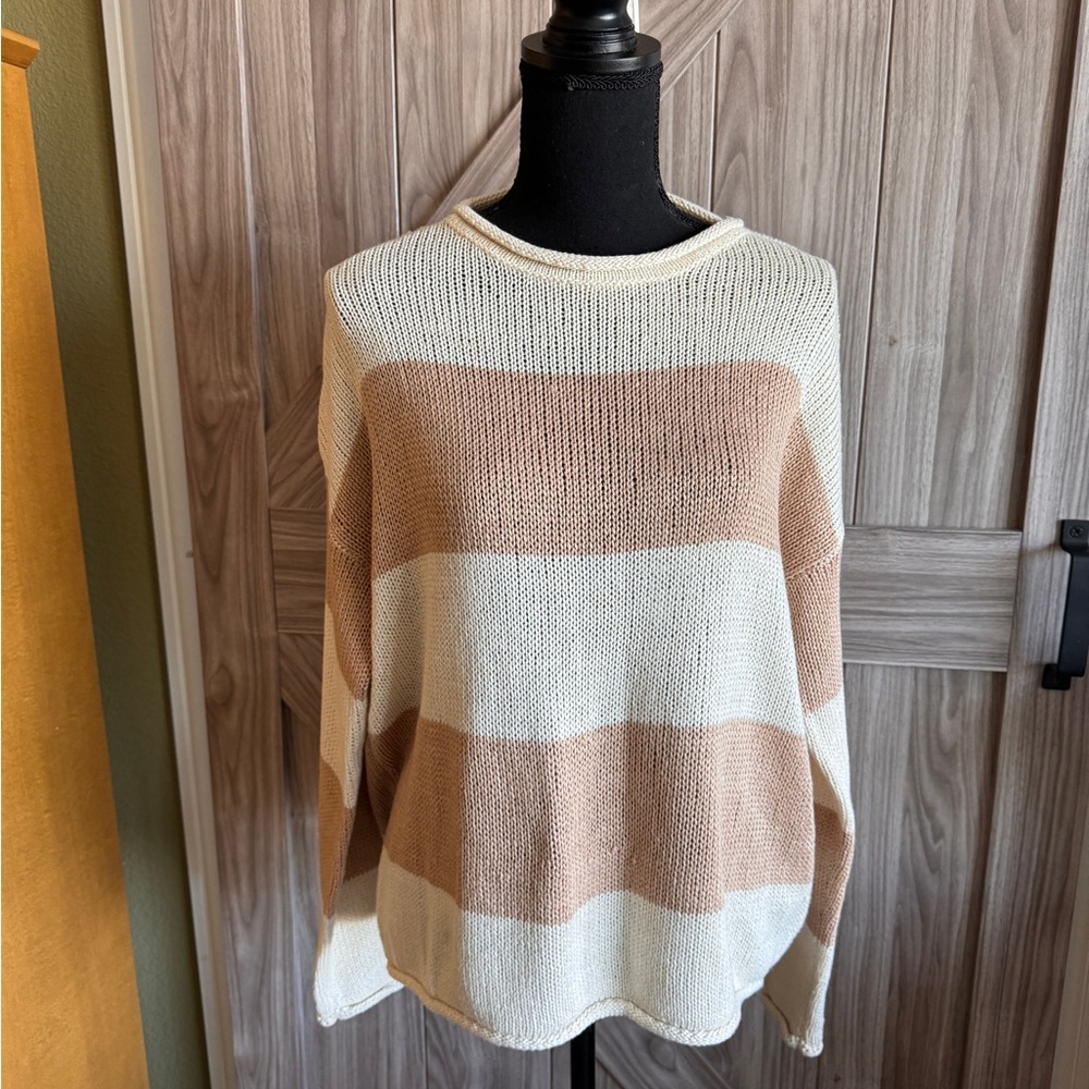 O & O Tan and Cream large striped sweater